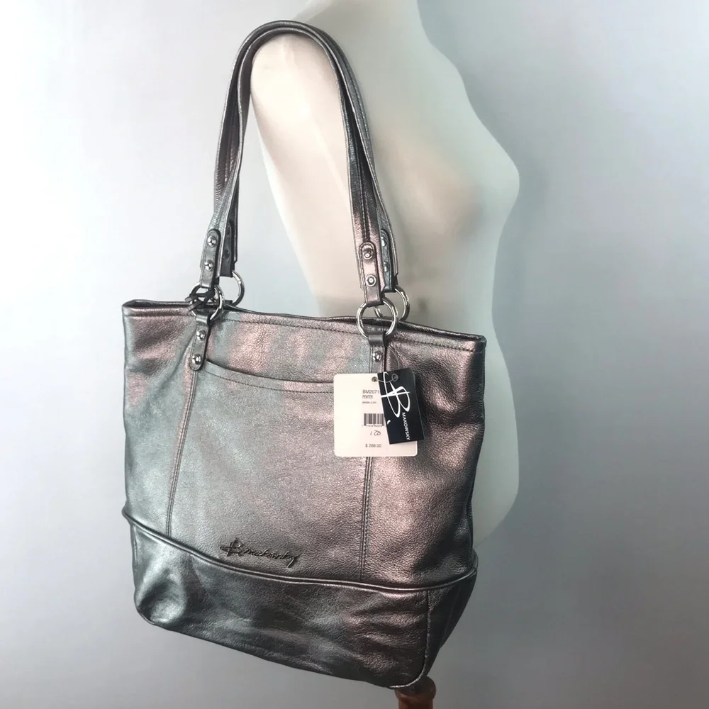 b. makowsky Pewter Metallic Leather XL Tote Bag NWT